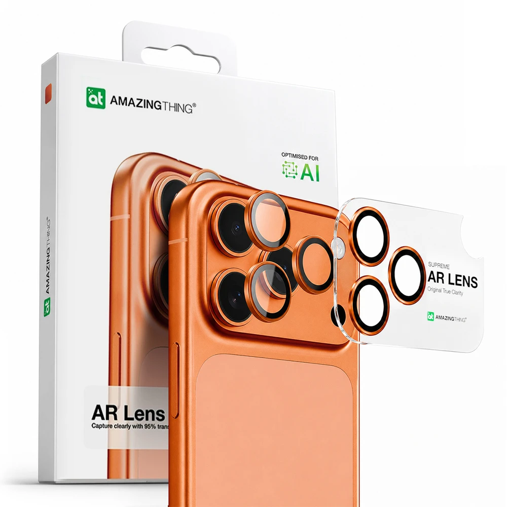 „AmazingThing“ lęšių stiklas, skirtas „iPhone 17 Pro“ / „Pro Max“ – su oranžiniu rėmeliu
