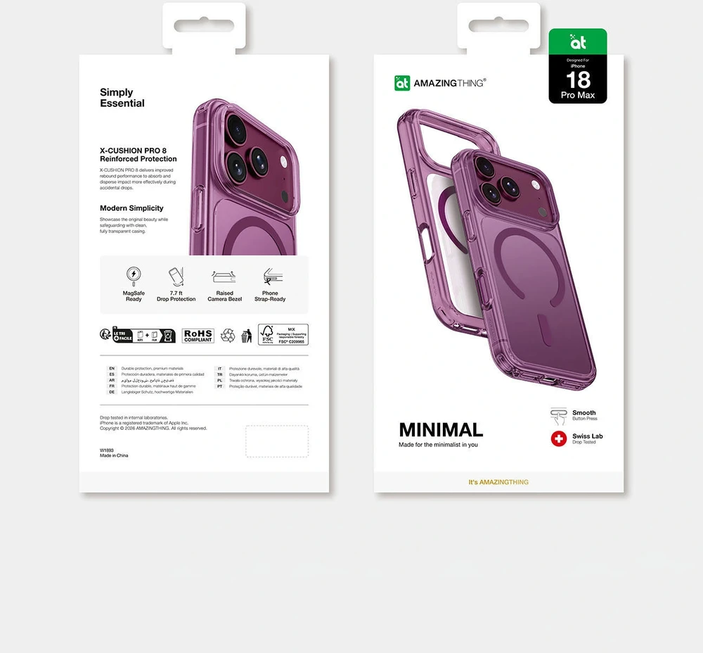 AmazingThing Minimal Mag atsparus kritimams dėklas su 3 objektyvų apsauga iPhone 18 Pro Max su virvelės laikikliu ir MagSafe suderinamumu - Violetinė
