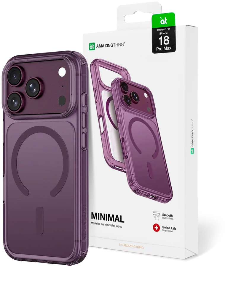 AmazingThing Minimal Mag atsparus kritimams dėklas su 3 objektyvų apsauga iPhone 18 Pro Max su virvelės laikikliu ir MagSafe suderinamumu - Violetinė