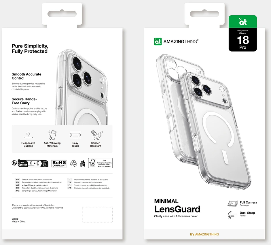 Dėklas AmazingThing Minimal Mag Lens Case for iPhone 18 Pro with Camera Cover and Lanyard Mount Compatible with MagSafe - Clear