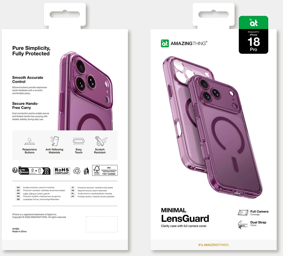 Dėklas AmazingThing Minimal Mag Lens Case for iPhone 18 Pro with Camera Cover and Lanyard Mount, Compatible with MagSafe - Violetinė