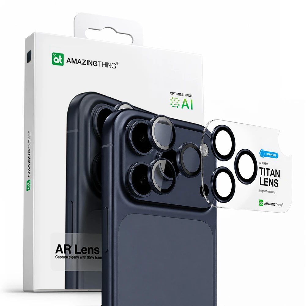 AmazingThing Sapphire Camera Glass skirtas Apple iPhone 17 Pro / Pro Max – su Mėlyna Frame