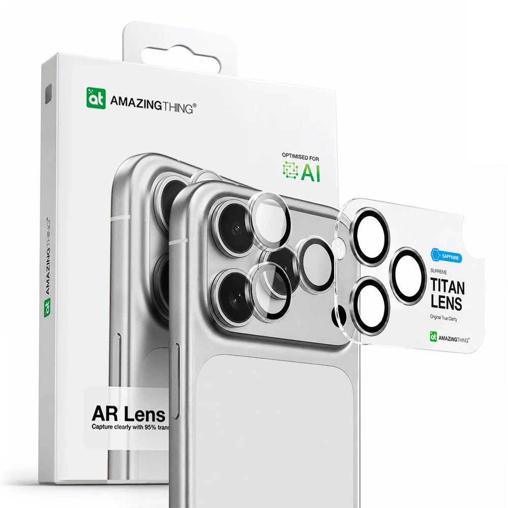AmazingThing Sapphire Camera Glass skirtas Apple iPhone 17 Pro / Pro Max – su juodos spalvos Frame