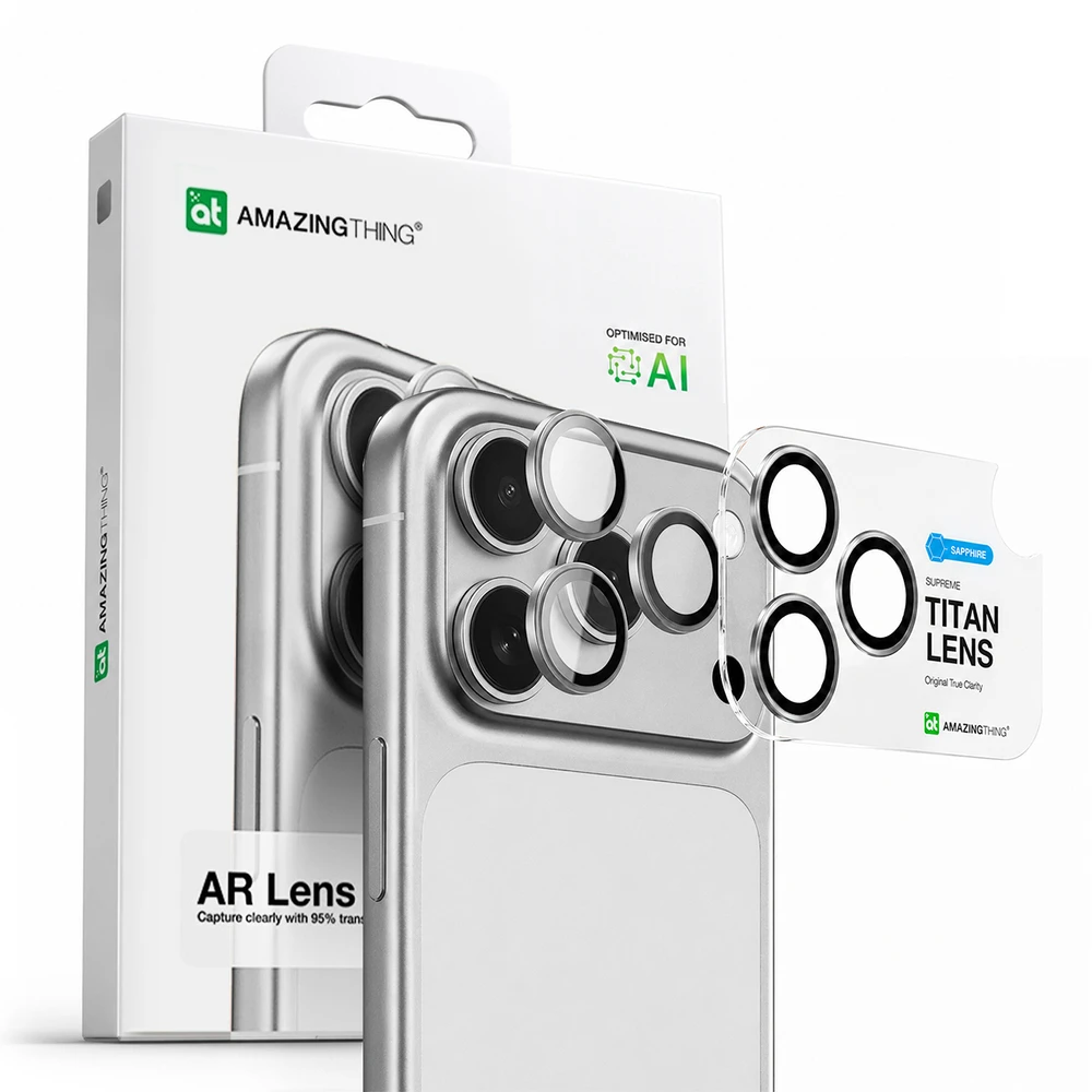 AmazingThing Sapphire Camera Glass skirtas Apple iPhone 17 Pro / Pro Max – su Sidabrinis Frame