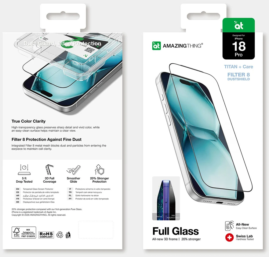 AmazingThing Titan +Care Full Glass tempered glass for iPhone 18 Pro with mounting frame