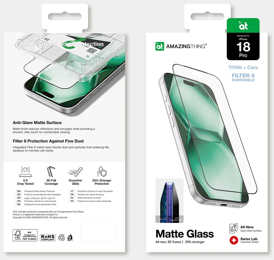 AmazingThing Titan +Care Matte Glass tempered glass for iPhone 18 Pro with mounting frame