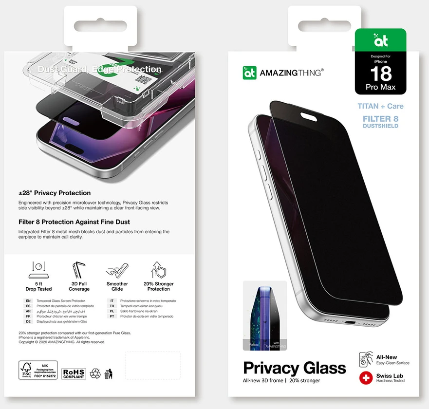 AmazingThing Titan +Care Privacy Glass for iPhone 18 Pro Max with mounting frame