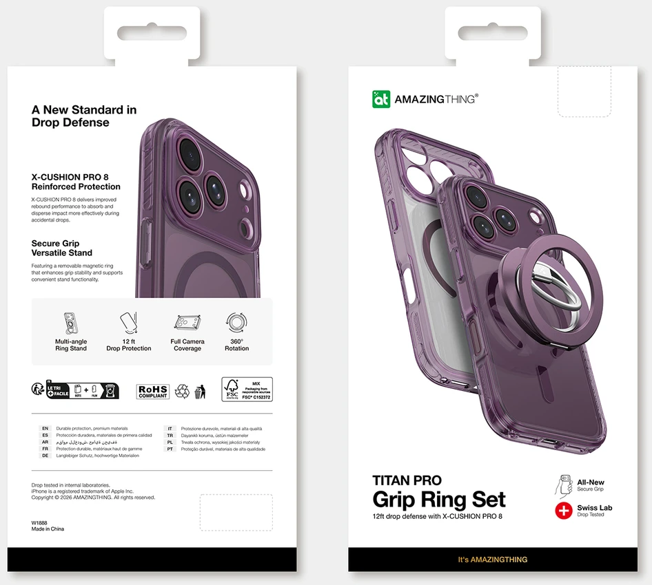Dėklas AmazingThing Titan Pro Lens Ring Set Case for iPhone 18 Pro Max with Camera Cover and Magnetic Ring Compatible with MagSafe - Violetinė
