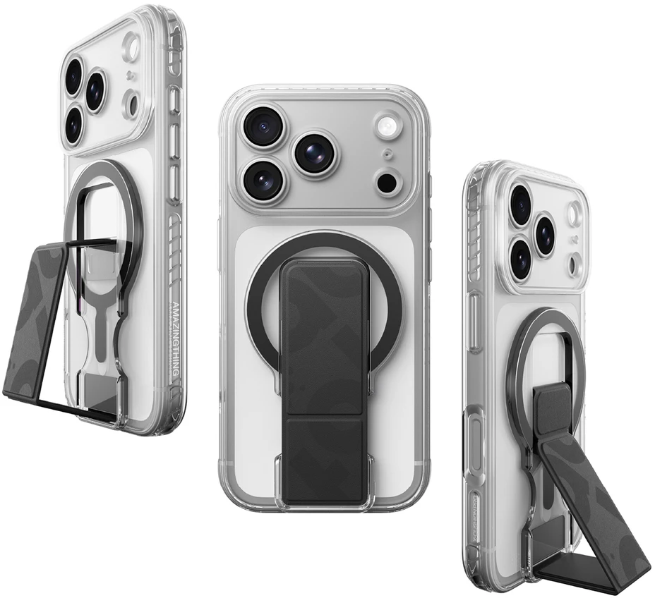 Dėklas AmazingThing Titan Pro objektyvo stovo rinkinys iPhone 18 Pro Max su magnetiniu laikikliu ir stovu, suderinamas su MagSafe – permatomas