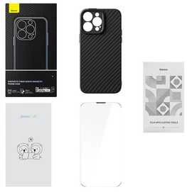 Magnetic Case Baseus Sintetinio pluošto serija, skirta iPhone 14 Pro (juodas)+ grūdintas stiklas + valymo rinkinys