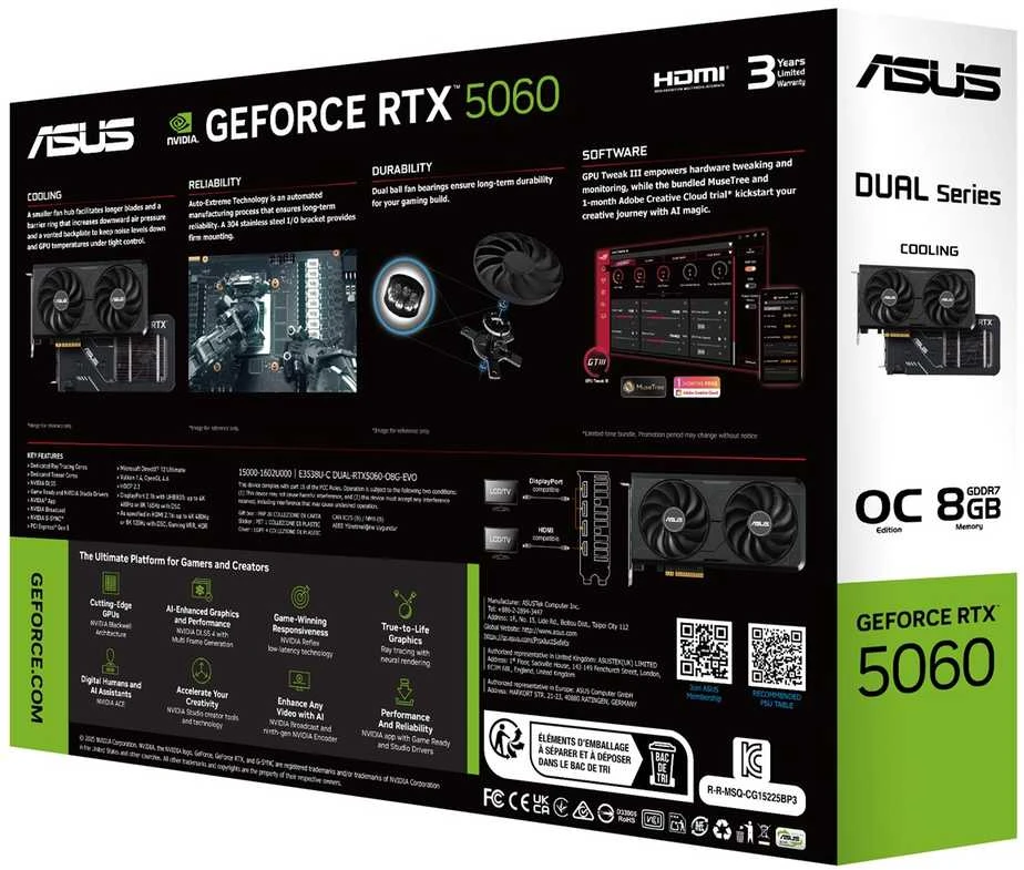 Vaizdo plokštė ASUS Dual-RTX5060-O8G-EVO NVIDIA GeForce RTX 5060 8 GB GDDR7 DIGITAL ATASKAITA