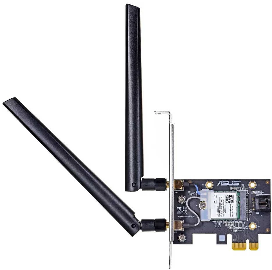 Asus PCE-AXE5400 "WiFi 6E PCI-E" adapteris su 2 išorinėmis antenomis. Palaiko 6 GHz dažnių juostą, 160 MHz, Bluetooth 5.2, WPA3 tinklo apsaugą, OFDMA ir MU-MIMO