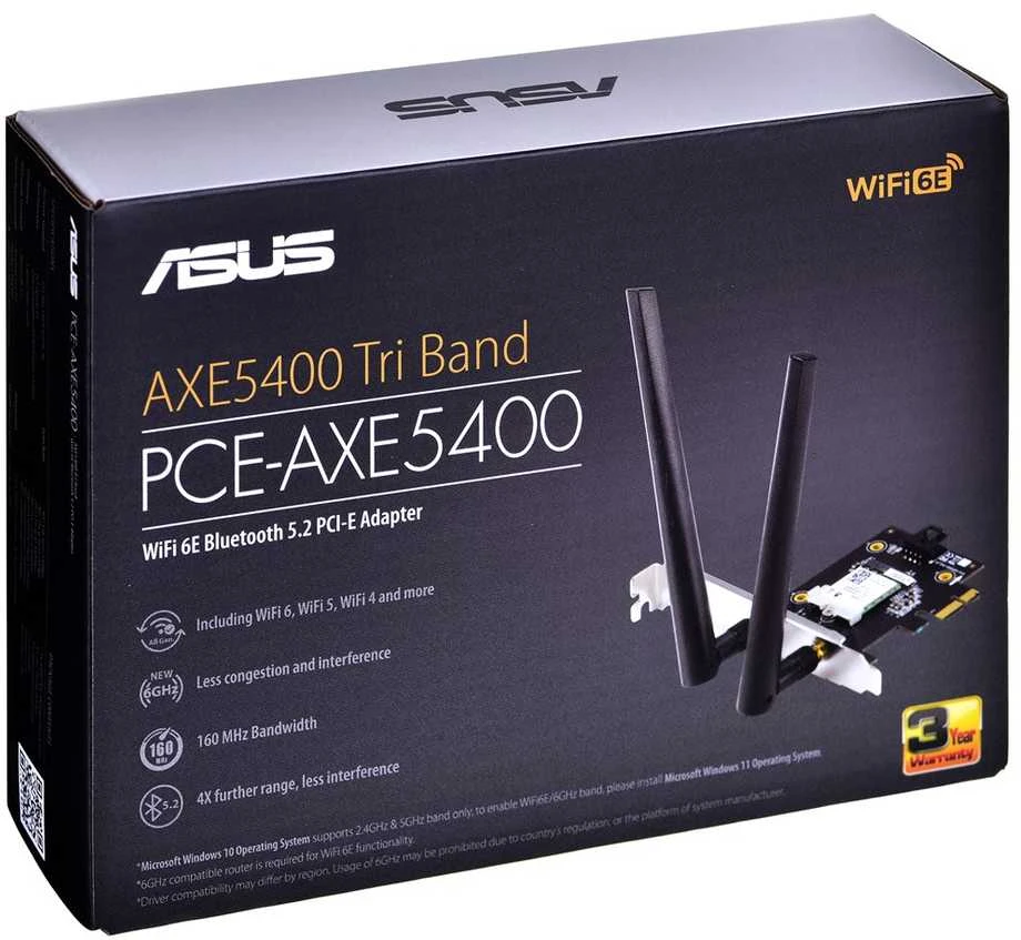 Asus PCE-AXE5400 "WiFi 6E PCI-E" adapteris su 2 išorinėmis antenomis. Palaiko 6 GHz dažnių juostą, 160 MHz, Bluetooth 5.2, WPA3 tinklo apsaugą, OFDMA ir MU-MIMO