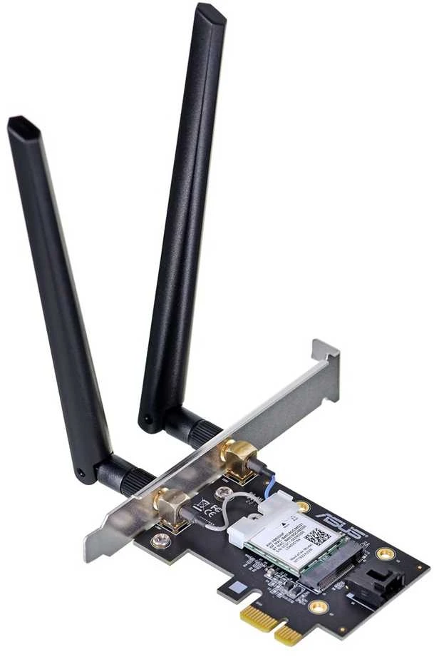 Asus PCE-AXE5400 "WiFi 6E PCI-E" adapteris su 2 išorinėmis antenomis. Palaiko 6 GHz dažnių juostą, 160 MHz, Bluetooth 5.2, WPA3 tinklo apsaugą, OFDMA ir MU-MIMO