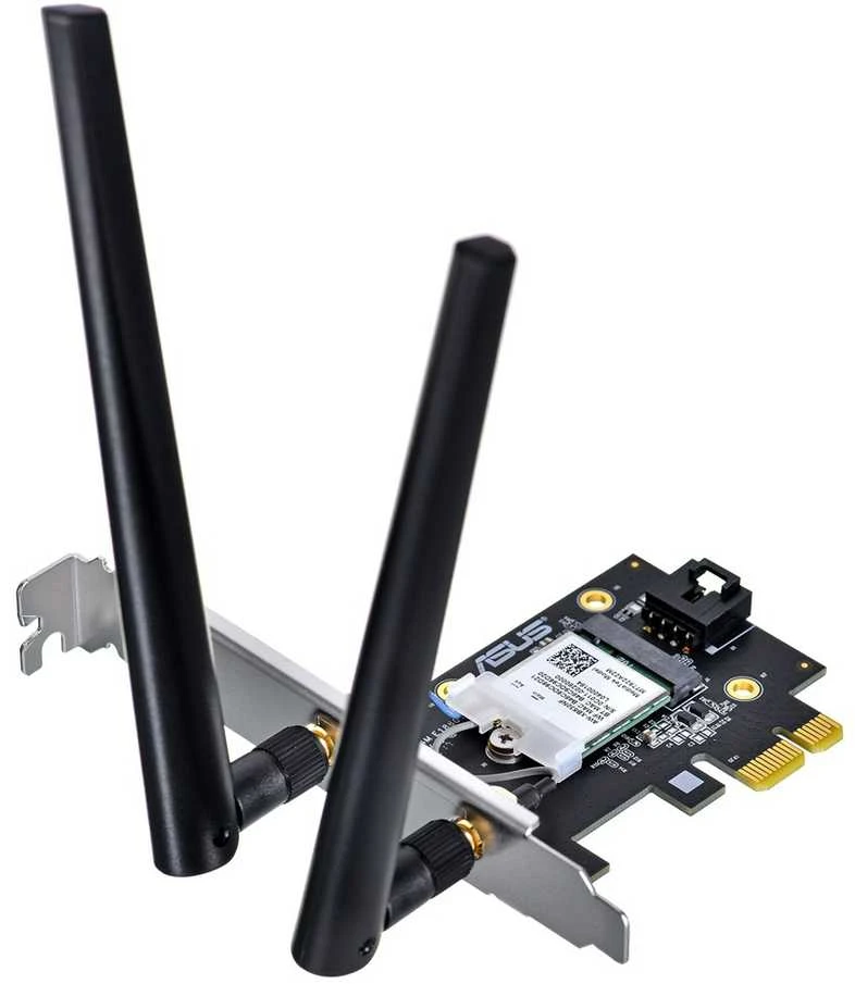 Asus PCE-AXE5400 "WiFi 6E PCI-E" adapteris su 2 išorinėmis antenomis. Palaiko 6 GHz dažnių juostą, 160 MHz, Bluetooth 5.2, WPA3 tinklo apsaugą, OFDMA ir MU-MIMO