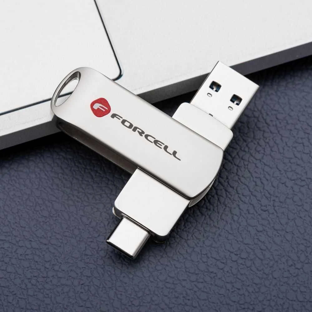 Pendrive 128GB USB 3.2 Gen 1 (USB A / USB C) Forcell F-Data Metal Duo sidabrinis