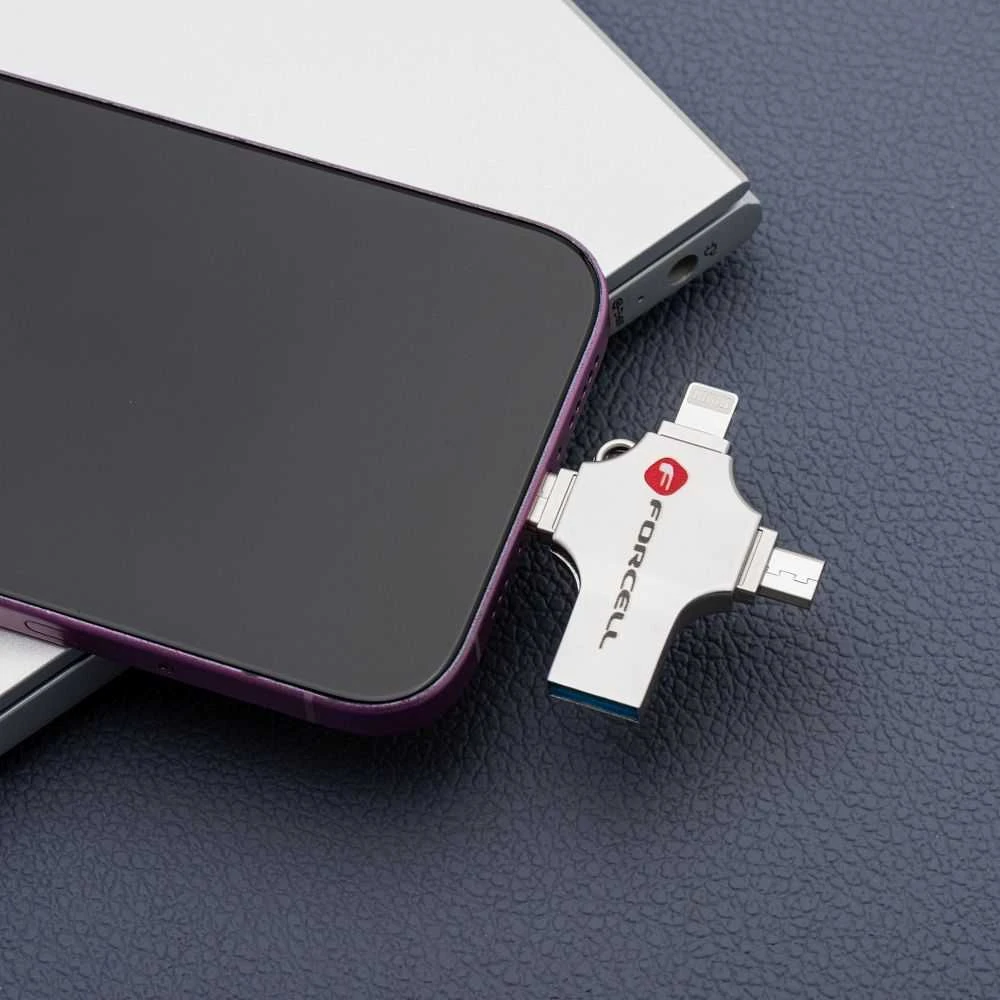 USB atmintinė 16 GB USB 3.2 Gen 1 (USB A / USB C / Lightning / Micro USB) Forcell F-Data Metal Quad sidabrinas
