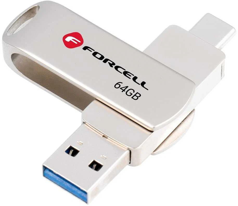Pendrive 64GB USB 3.2 Gen 1 (USB A / USB C) Forcell F-Data Metal Duo sidabrinis