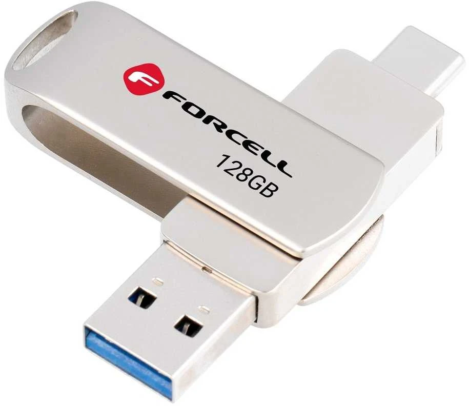 Pendrive 128GB USB 3.2 Gen 1 (USB A / USB C) Forcell F-Data Metal Duo sidabrinis