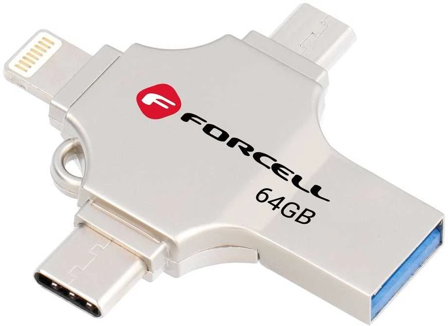 USB atmintinė 64 GB USB 3.2 Gen 1 (USB A / USB C / Lightning / Micro USB) Forcell F-Data Metal Quad sidabrinas
