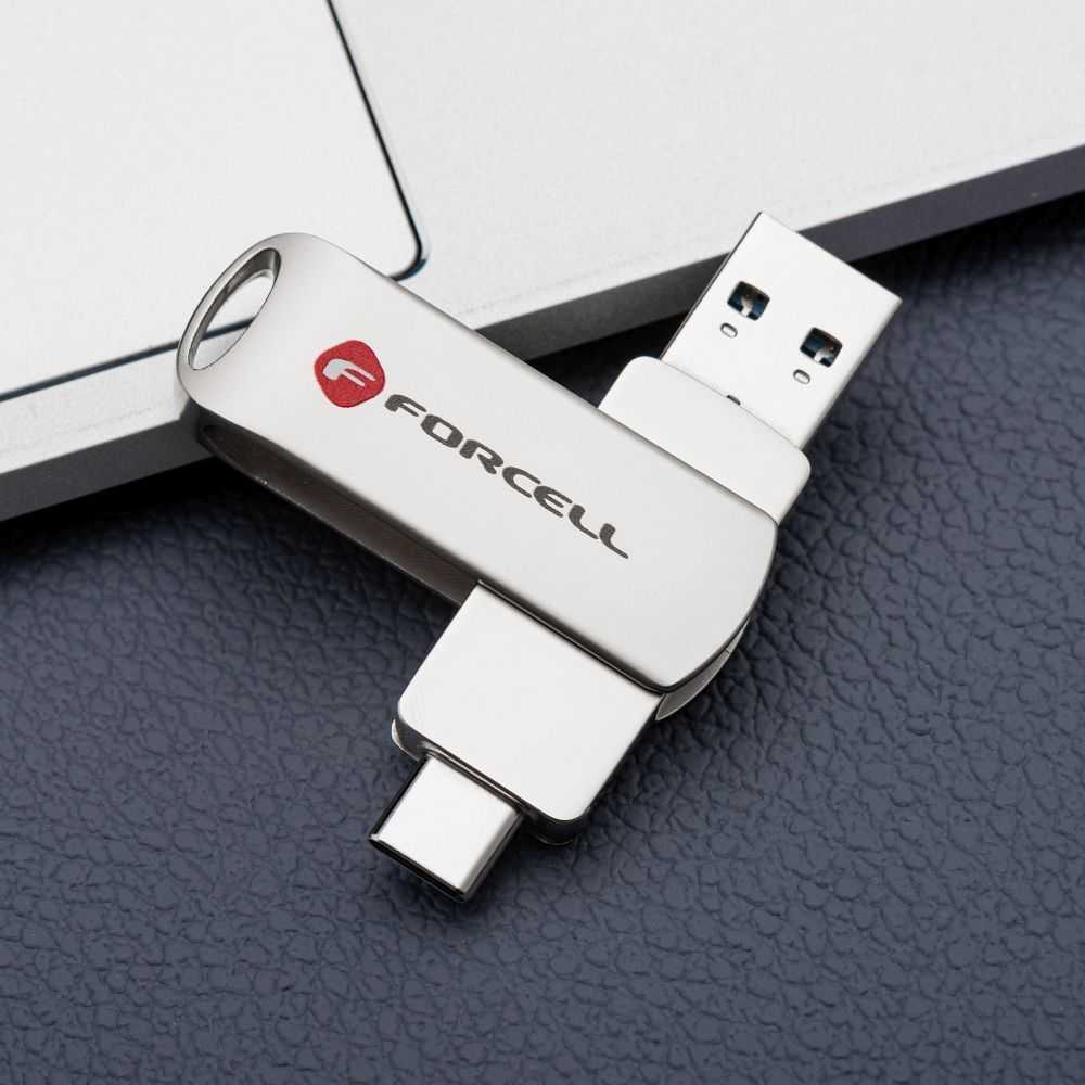 Pendrive 16GB USB 3.2 Gen 1 (USB A / USB C) Forcell F-Data Metal Duo sidabrinis