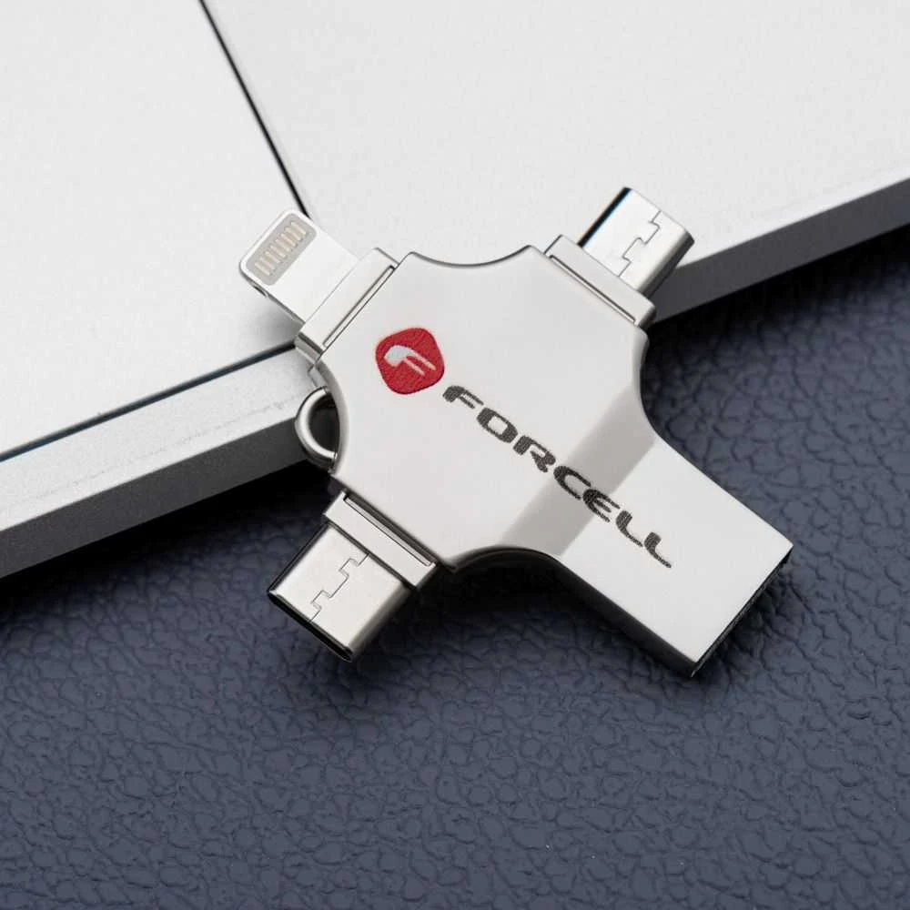 USB atmintinė 32 GB USB 3.2 Gen 1 (USB A / USB C / Lightning / Micro USB) Forcell F-Data Metal Quad sidabrin