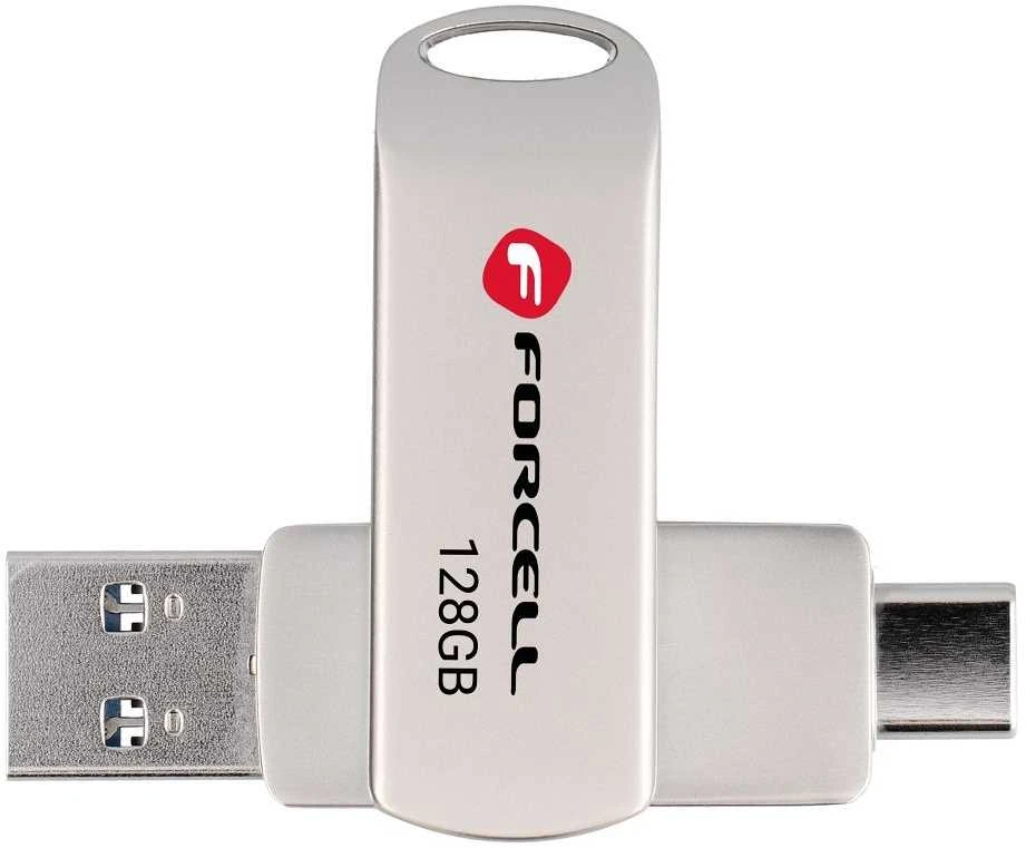 Pendrive 128GB USB 3.2 Gen 1 (USB A / USB C) Forcell F-Data Metal Duo sidabrinis