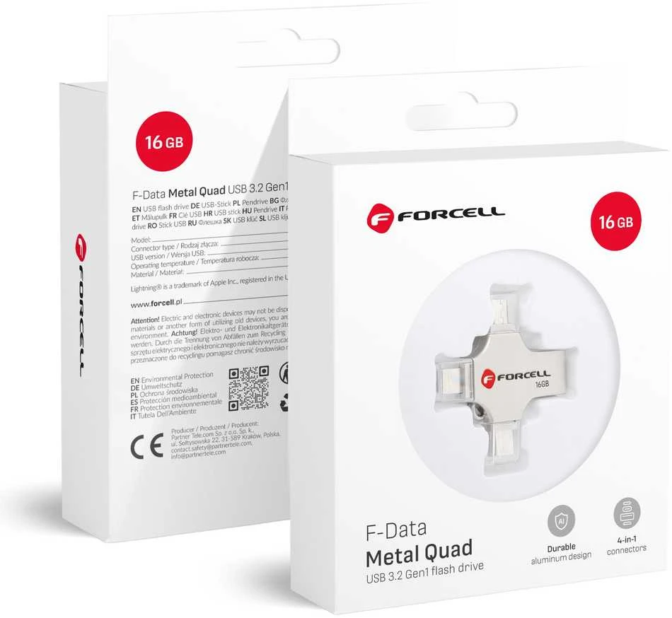 USB atmintinė 16 GB USB 3.2 Gen 1 (USB A / USB C / Lightning / Micro USB) Forcell F-Data Metal Quad sidabrinas