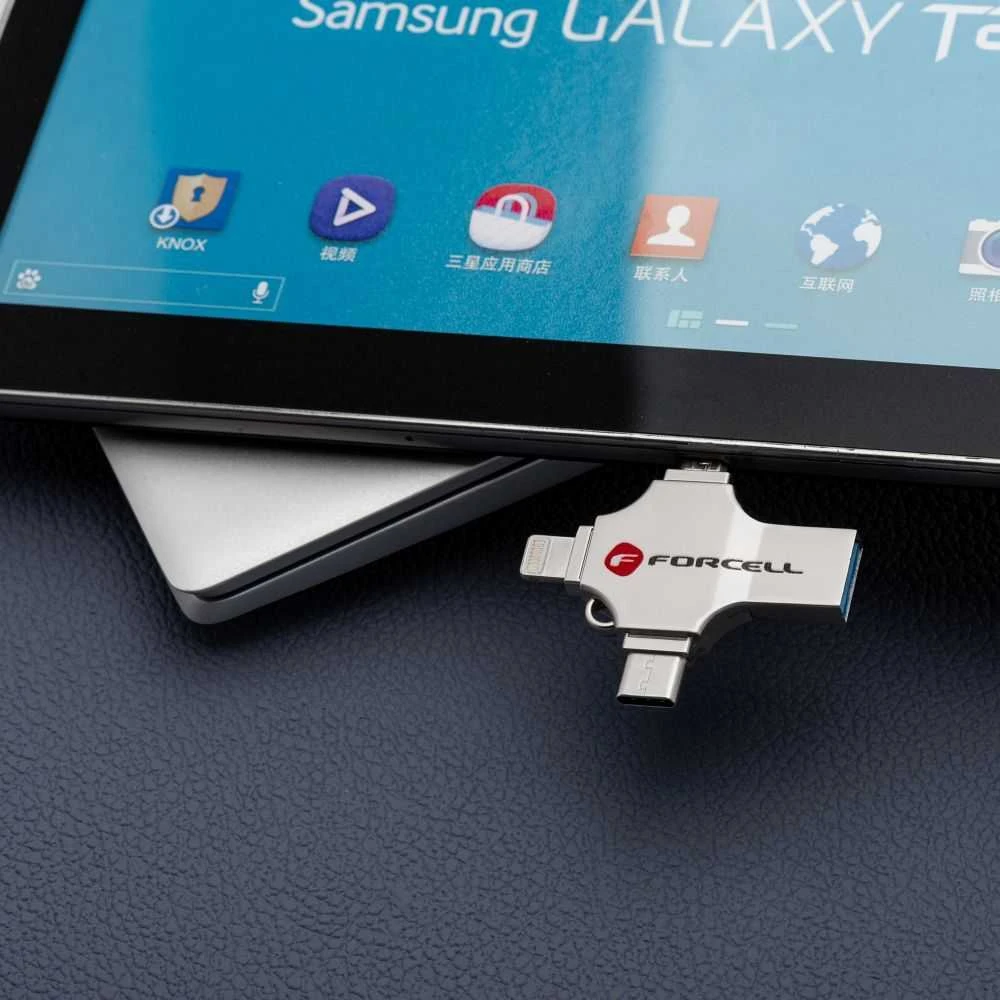 USB atmintinė 32 GB USB 3.2 Gen 1 (USB A / USB C / Lightning / Micro USB) Forcell F-Data Metal Quad sidabrin