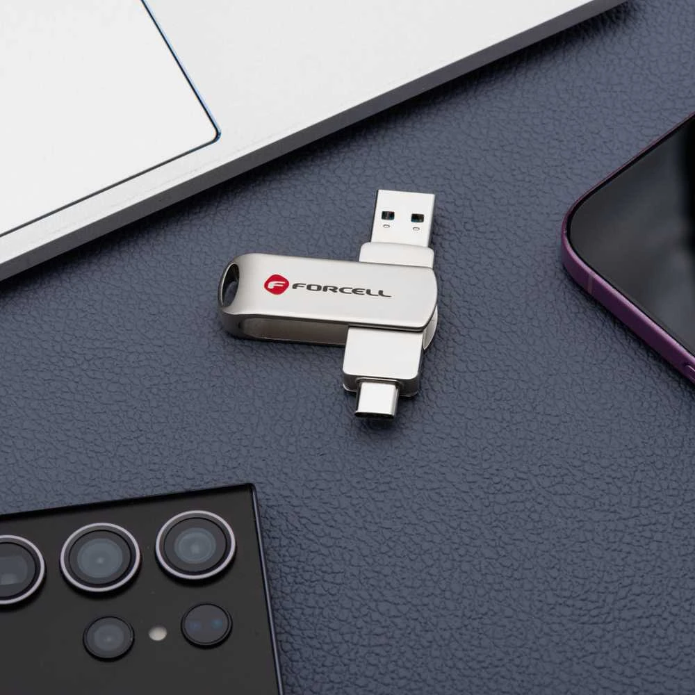 Pendrive 64GB USB 3.2 Gen 1 (USB A / USB C) Forcell F-Data Metal Duo sidabrinis