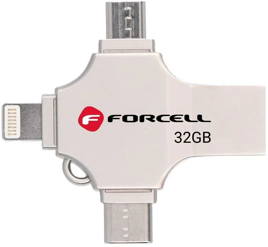 USB atmintinė 32 GB USB 3.2 Gen 1 (USB A / USB C / Lightning / Micro USB) Forcell F-Data Metal Quad sidabrin