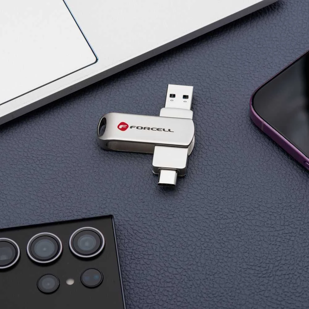 Pendrive 128GB USB 3.2 Gen 1 (USB A / USB C) Forcell F-Data Metal Duo sidabrinis