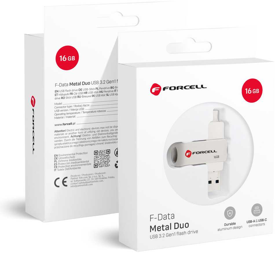 Pendrive 16GB USB 3.2 Gen 1 (USB A / USB C) Forcell F-Data Metal Duo sidabrinis
