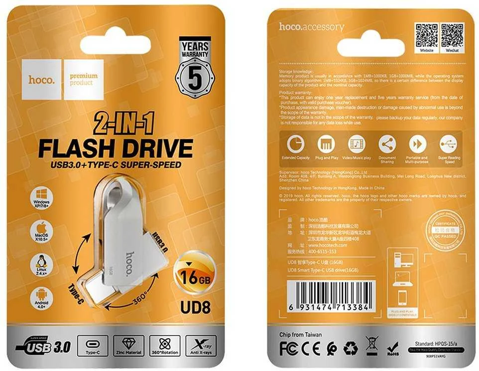 HOCO atmintukas USB A + USB C UD8 16GB USB3.0