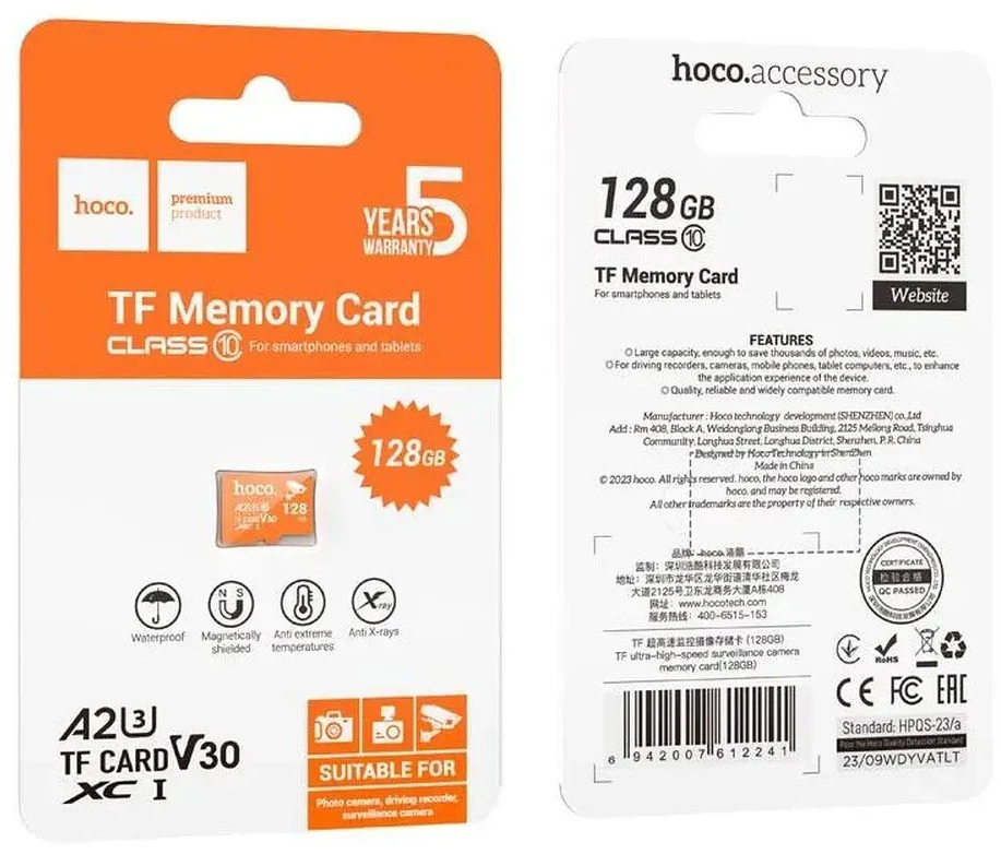 Atminties kortelė Micro SD 128GB class 10 UH-1 U3 V30 A2 Hoco oranžinis