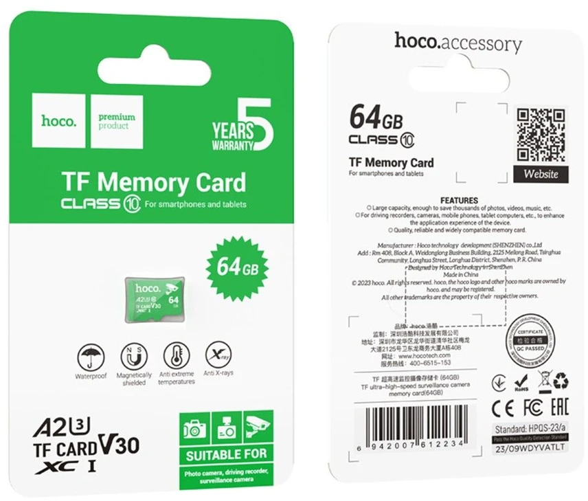 Atminties kortelė Micro SD 64GB class 10 UH-1 U3 V30 A2 Hoco žalias