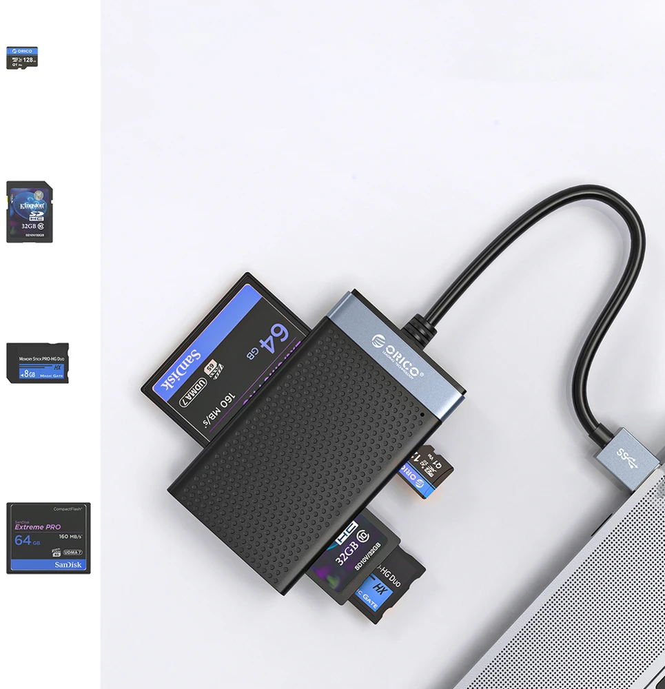 Orico CL4D-A3 USB-A 3.0 SD Micro SD CF MS 5 Gb/s atminties kortelių skaitytuvas - Juodas ir Sidabrinis