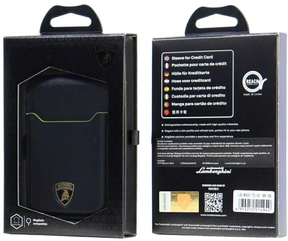Audi Lamborghini D1 Genuine Leather MagSafe Phone Wallet - Juodas and Žalias