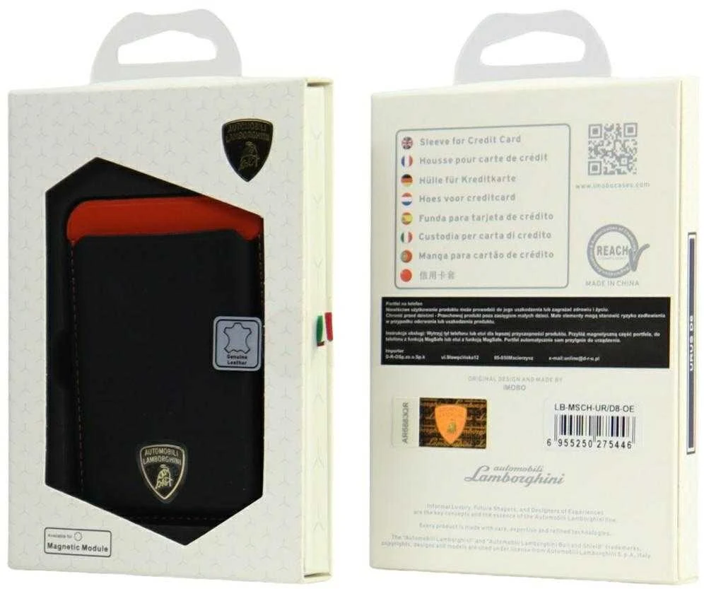 Audi Lamborghini Urus D8 Genuine Leather MagSafe Magnetic Phone Wallet - Juodas and Raudona