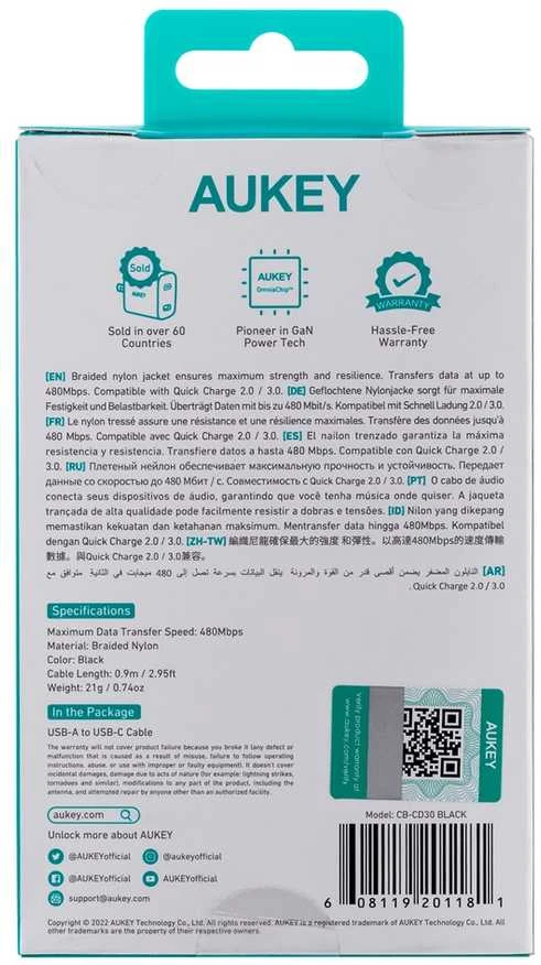 USB Kabelis - AUKEY CB-CD30 0.9m USB A į USB C Greito Įkrovimo Juodas