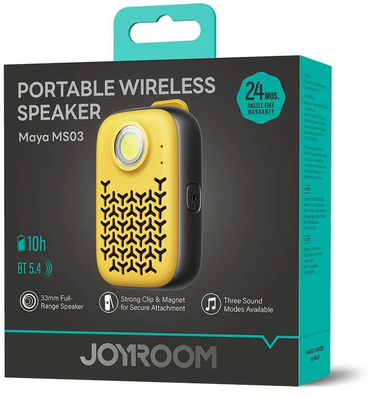 Ausinės Joyroom Maya JR-MS03 nešiojamas „Bluetooth“ garso kalbas su įmontuotu žibintuvėliu, atsparus - geltona