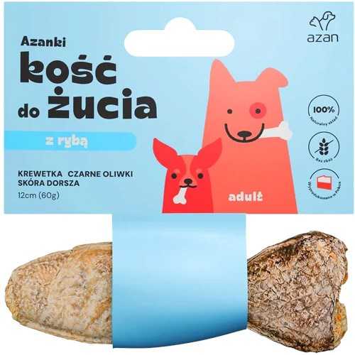 AZANKI menkės odoje su kaulais, krevetėmis ir juodomis alyvuogėmis, žuvies formos – šunų skanėstas – 12 cm