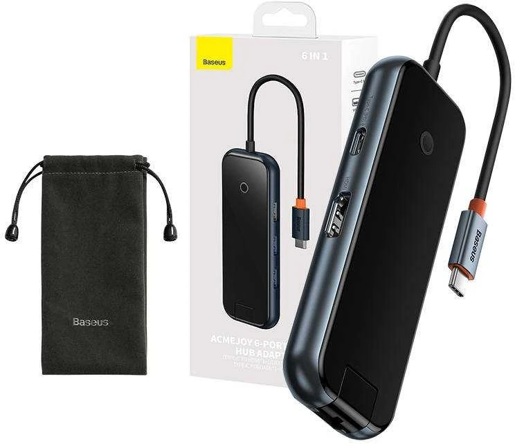 Hub 6in1 Baseus AcmeJoy serijos USB-C iki 2xUSB 3.0 + USB 2.0 + USB-C PD + HDMI + RJ45 (tamsiai pilka)