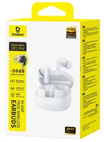 Baseus Belaidės Bluetooth 6.0 ausinės Bass BP1 Pro su triukšmo slopinimu ir įkrovimo dėklu, baltos