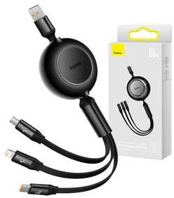 Baseus Bright Mirror 3 USB 3-in-1 kabelis skirtas micro USB USB-C Lightning 66W 2A 1,1m – Juodas