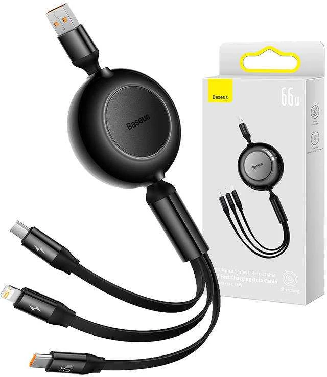 Baseus Bright Mirror 3 USB 3-in-1 kabelis skirtas micro USB USB-C Lightning 66W 2A 1,1m – Juodas