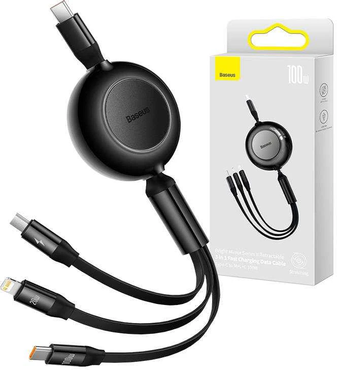 USB laidas Baseus Bright Mirror 2 Type-C į MicroUSB/Type-C/Lightning 3.5A 1.1m juodas CAMJ010201