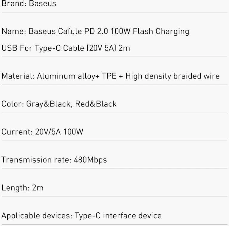 Baseus Cafule PD2.0 100W blykstė įkrovimo USB-C kabelis 20V 5A 2m - Raudonas / Juodas