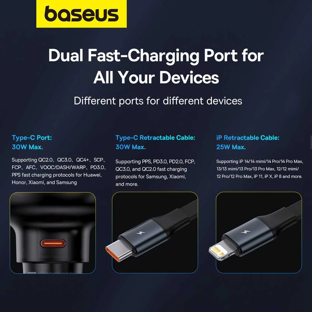 Automobilinis įkroviklis Baseus Enjoyment Pro su žaibo laidu + USB-C , 55 W (juodas)
