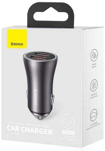 Baseus Golden Contactor Max automobilinis įkroviklis, 2x USB, 60W (pilka)